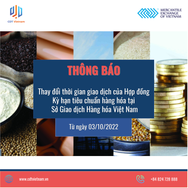 THÔNG BÁO: Thay đổi thời gian giao dịch của Hợp đồng Kỳ hạn tiêu chuẩn hàng hóa tại Sở Giao dịch Hàng hóa Việt Nam