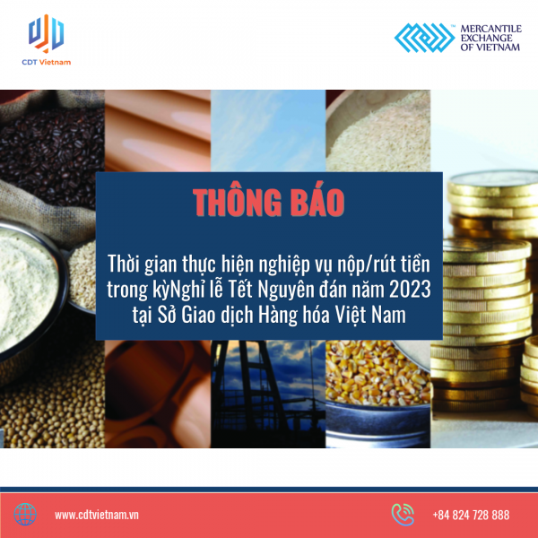 Thông báo: Thời gian thực hiện nghiệp vụ nộp/rút tiền trong kỳ Nghỉ lễ Tết Nguyên đán năm 2023 tại Sở Giao dịch Hàng hóa Việt Nam